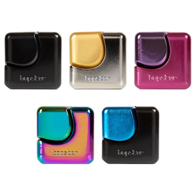 bopster Cube Spinners in black, silver and gold, pink and purple, multicoloured metallic, and black and blue