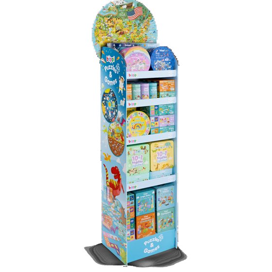 boppi Puzzles & Games floor-standing display unit, stocked with round puzzles, pairs games, dominoes, toddler jigsaws and stacking cubes