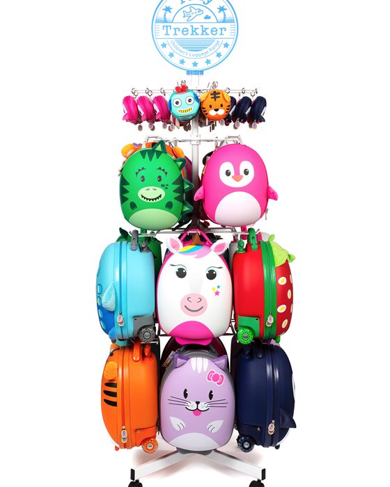 Tiny Trekker floor-standing display unit stocked with character luggage