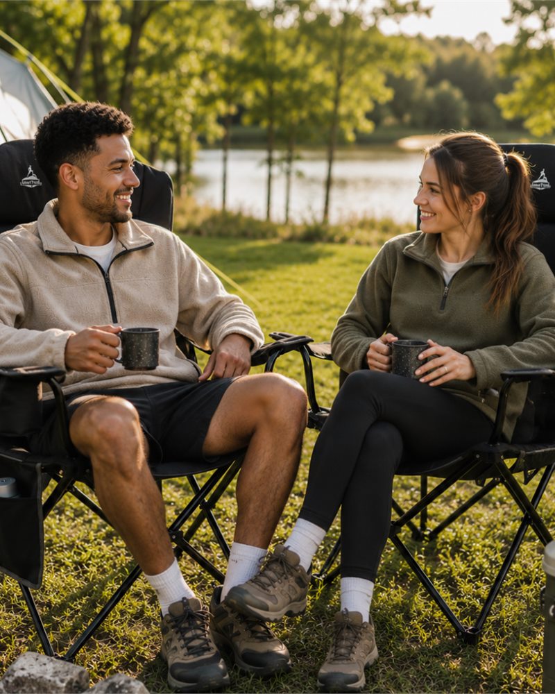 Two people relaxing in LuxeTrail camping chairs by a lake