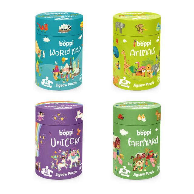 boppi 40-piece travel puzzles: World Map, Animals, Unicorn and Farmyard