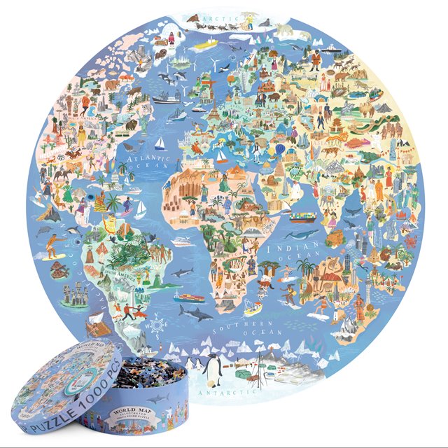 bopster World Map Illustrated 1000-piece round jigsaw puzzle