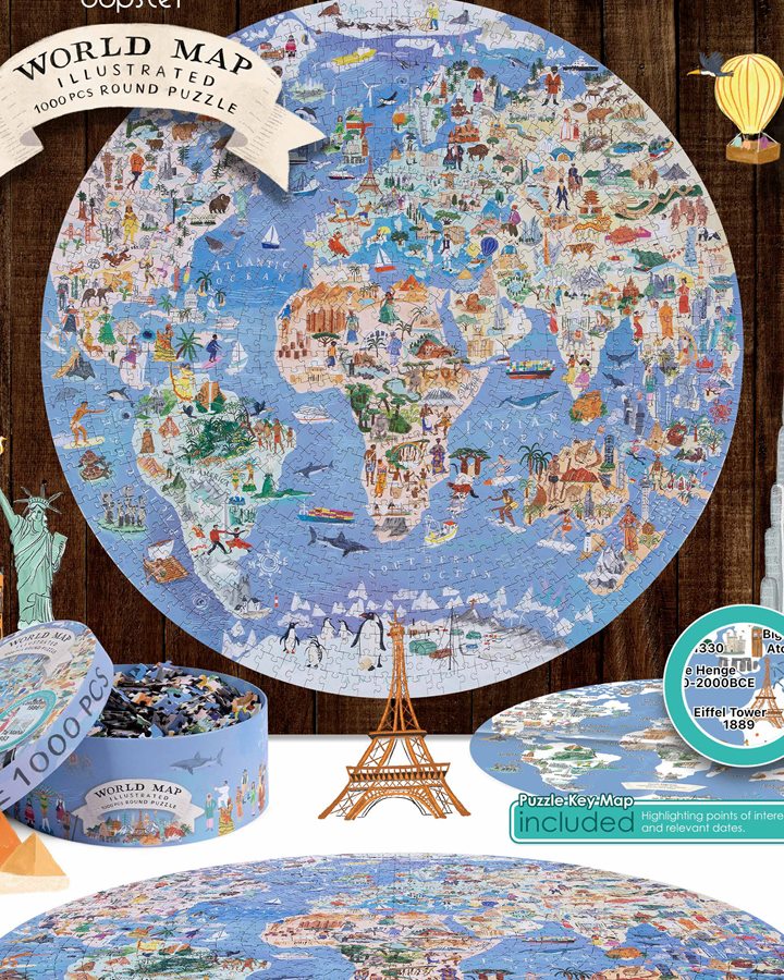 bopster World Map Illustrated round jigsaw puzzle