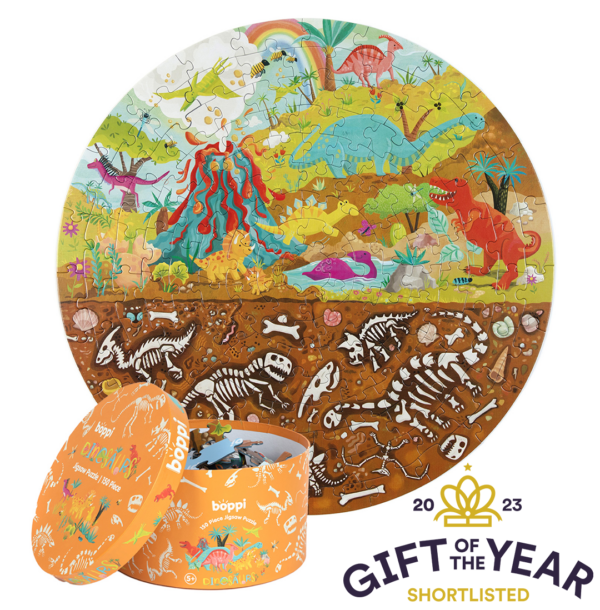 boppi Dinosaurs Round Jigsaw Puzzle with 100% Recycled Card T-rex Stegosaurus and Triceratops Fossils 150 Pieces for Children 5 6 7 8 Years 58cm Diameter