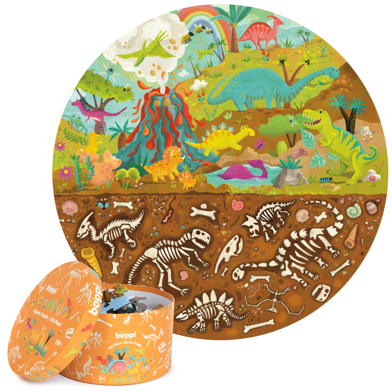 boppi Dinosaurs Round Jigsaw Puzzle with 100% Recycled Card T-rex Stegosaurus and Triceratops Fossils 150 Pieces for Children 5 6 7 8 Years 58cm Diameter