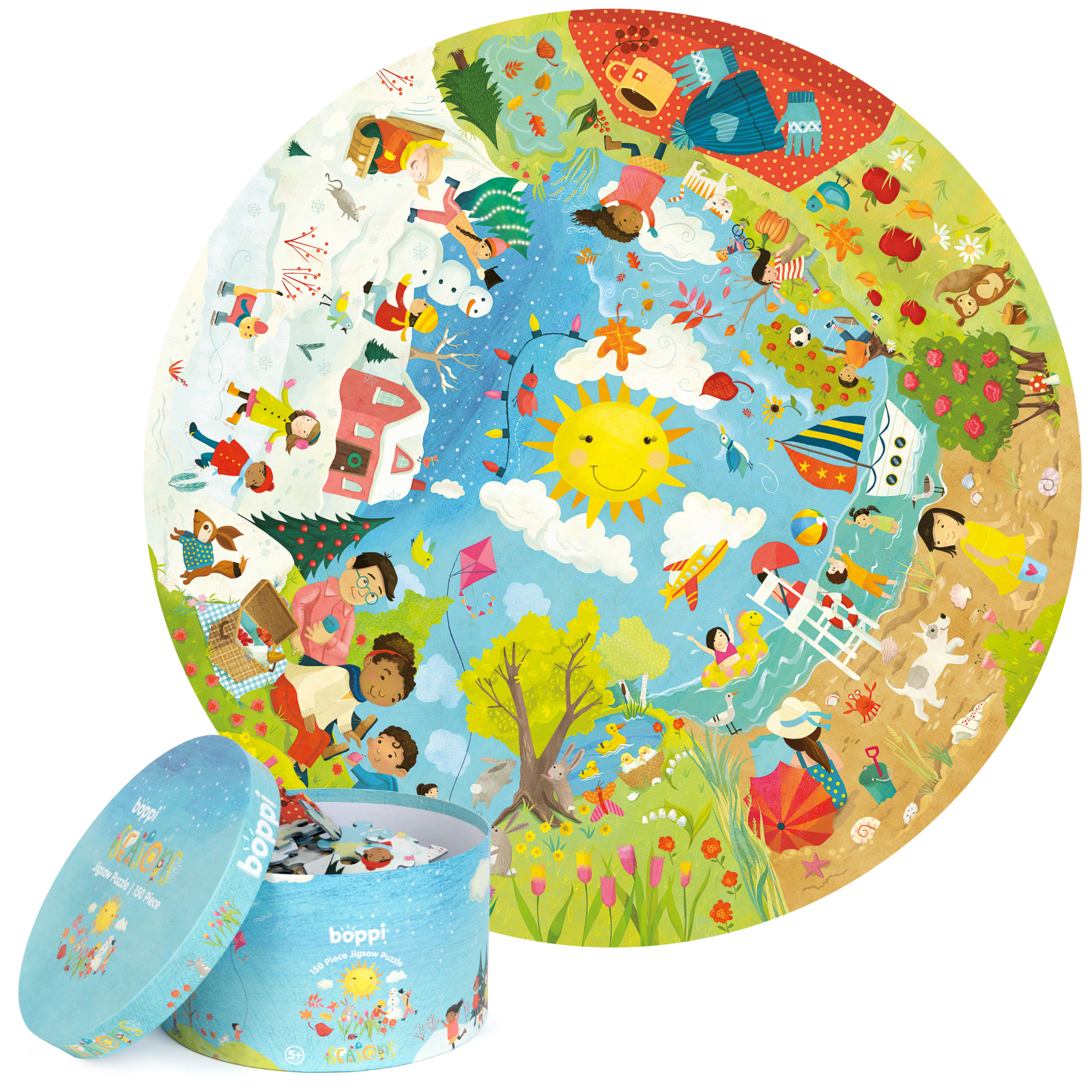 boppi Seasons Round Jigsaw Puzzle with 100% Recycled Card Spring Summer Autumn and Winter Scenes 150 Pieces for Children 5 6 7 8 Years 58cm Diameter