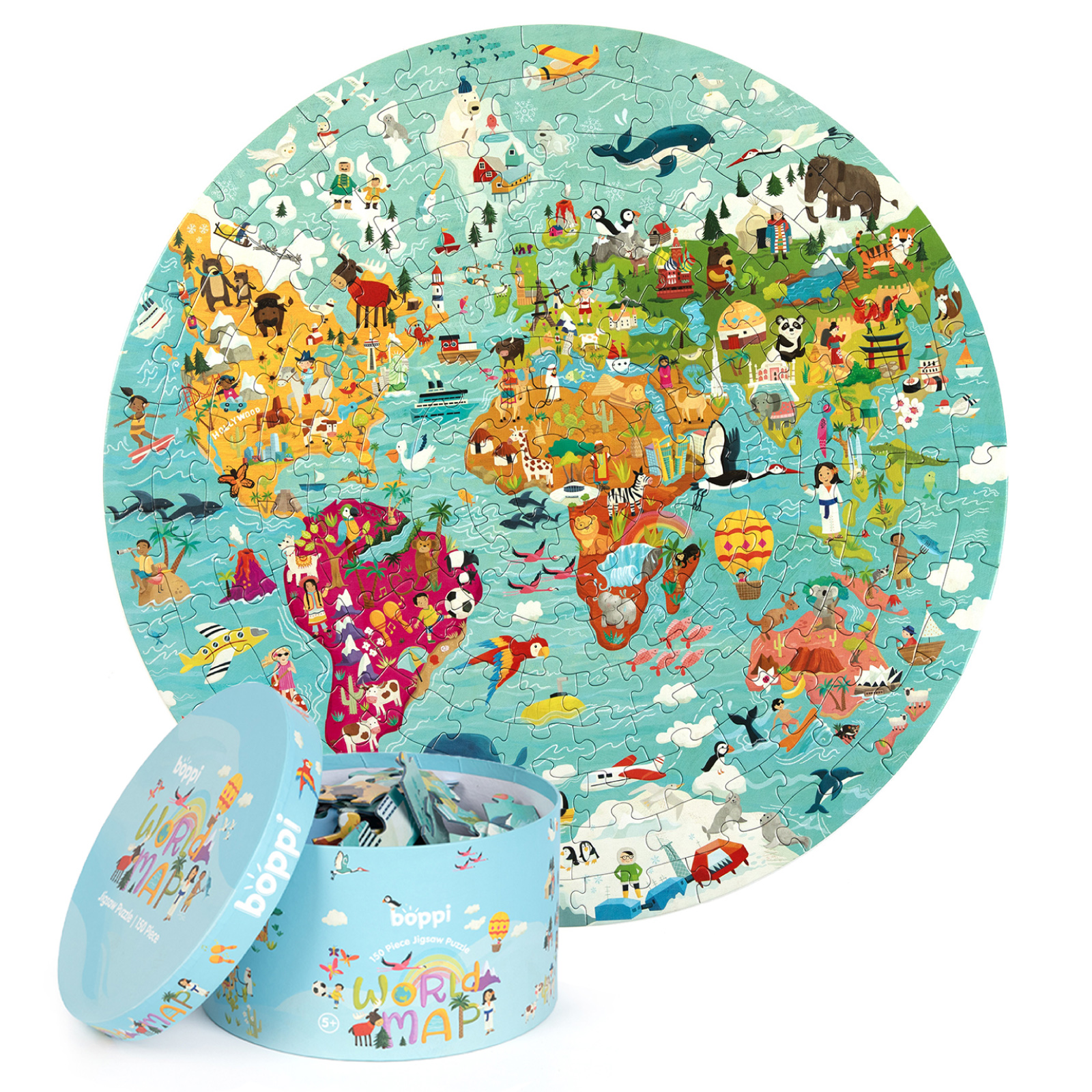 boppi World Map Round Jigsaw Puzzle with 100% Recycled Card 150 Pieces with Animals for Children 5 6 7 8 Years 58cm Diameter