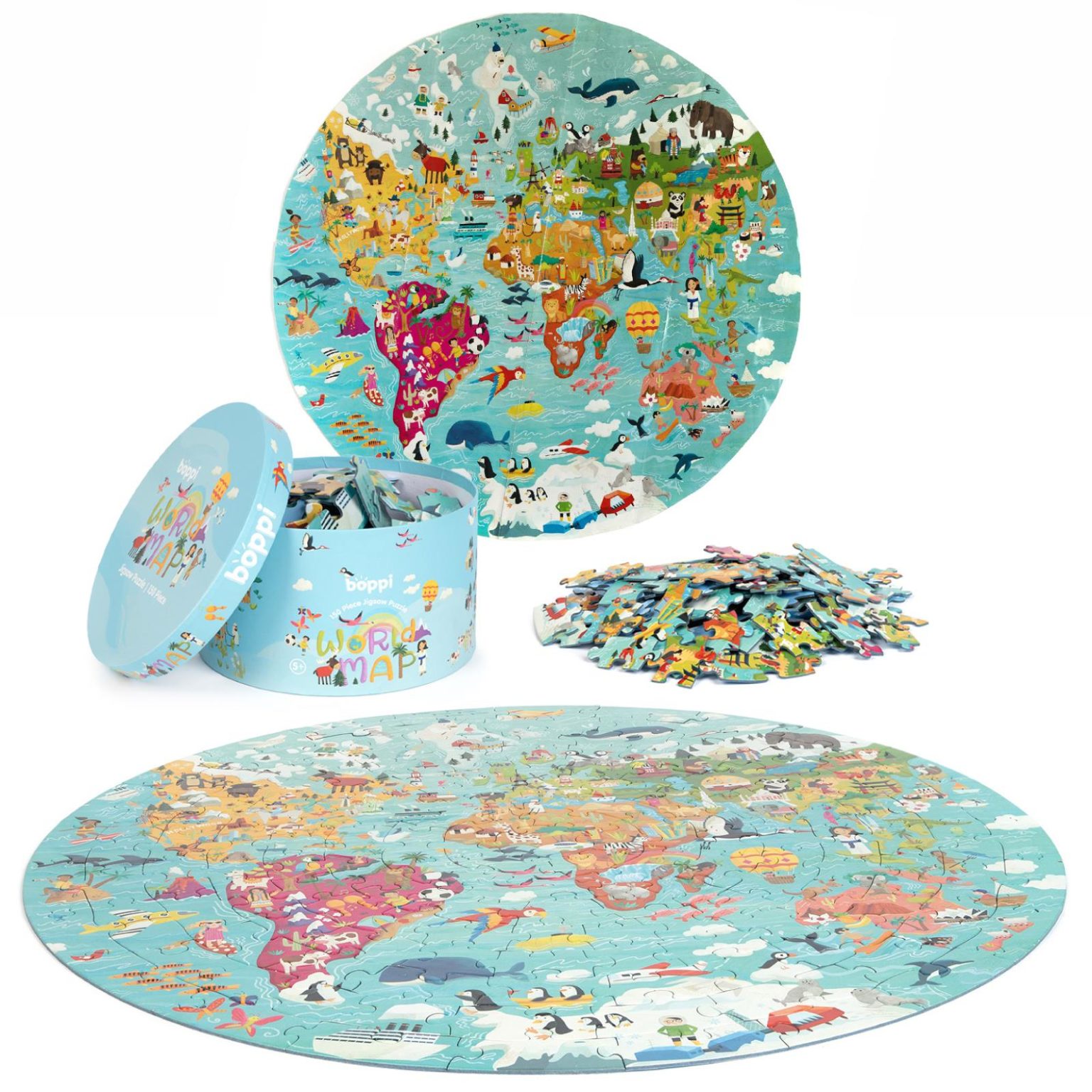 boppi World Map Round Jigsaw Puzzle with 100% Recycled Card 150 Pieces ...