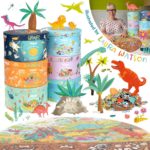 boppi Dinosaurs Round Jigsaw Puzzle with 100% Recycled Card T-rex Stegosaurus and Triceratops Fossils 150 Pieces for Children 5 6 7 8 Years 58cm Diameter
