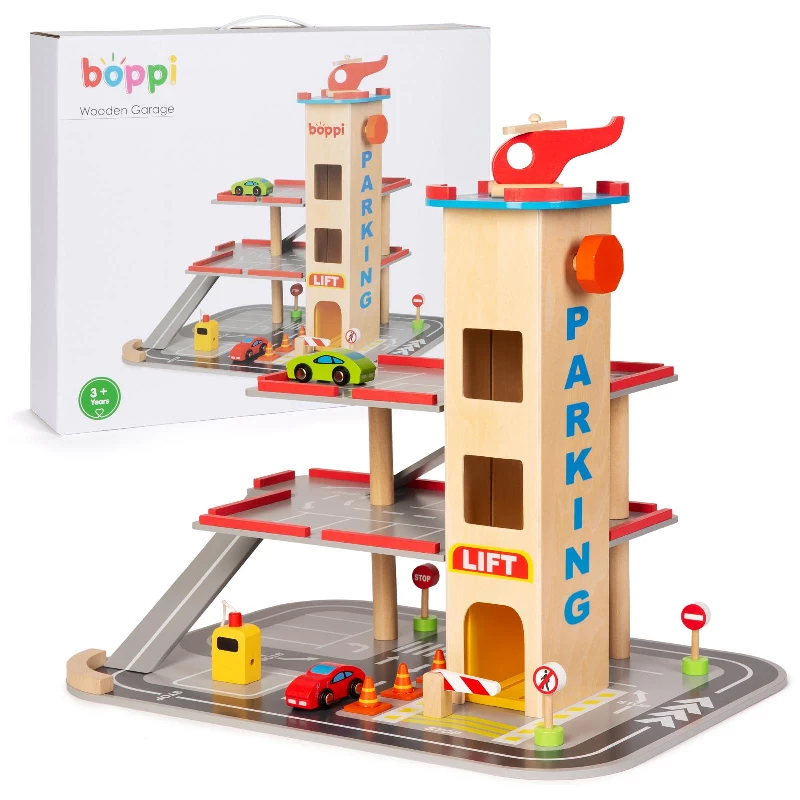 boppi 12 Piece Wooden Toy Garage Carpark 39cm High for Kids with Working 3 Floor Lift Elevator Petrol Pump Road Traffic Signs 2 Play Car Vehicles and Helicopter