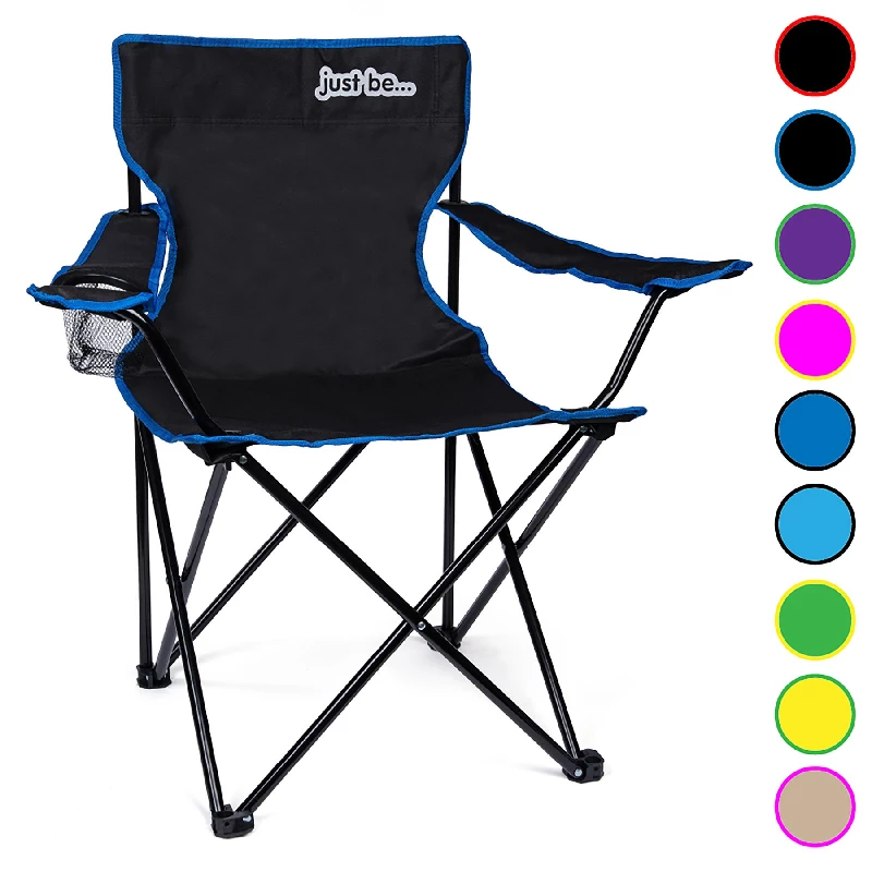 just be……® Folding Camping Chair – Black with Blue Trim