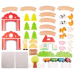 boppi Wooden Toy 48 Piece Farm Train Set with 8 Piece Circular Railway Track | Locomotive Toys and Carriages and Play Accessories | Farm Animals Barn Trees for Children Kids Aged 3 Years and Up