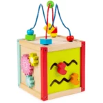 boppi 5-In-1 Small Wooden Activity Cube | 2-Way Bead Maze Roller Coaster Sensory Baby Toy with Abacus Clock Animal Shape Sorter & Slider | Multifunction Educational Toys Play Box 2 Years and Up