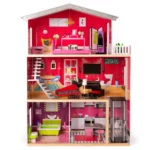 boppi Large Wooden 3 Storey Dolls Town House with 10 Furniture Play Accessories and 2 Floor Lift Elevator