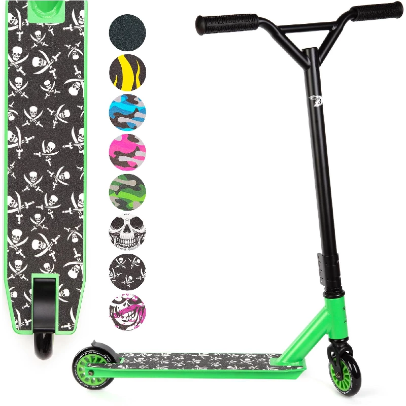 Land Surfer Kids Stunt Scooter | Scooter for Kids 8-12+ Teenagers | Boys/Girls Two Wheel 360 Pro Stunts | Black with Green Trim and Small Skulls