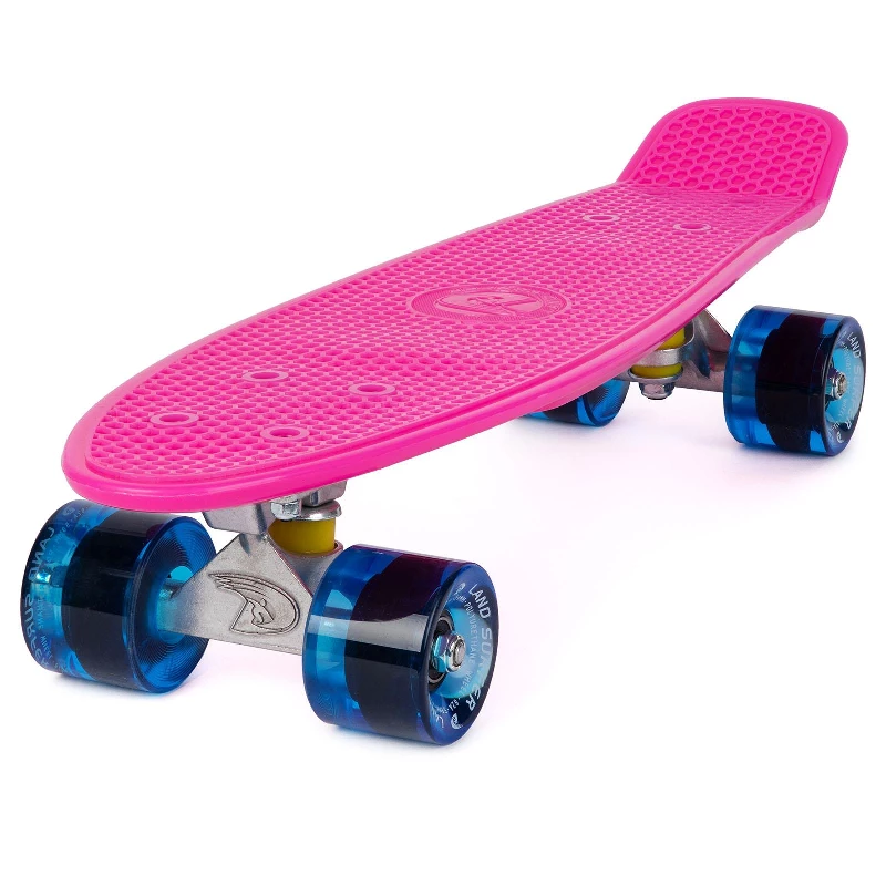 Land Surfer Cruiser Skateboard | Retro 22 Inch Skateboard for Kids & Adults | Penny Board with Carry Bag by Bopster | Pink Board + Transparent Blue Wheels