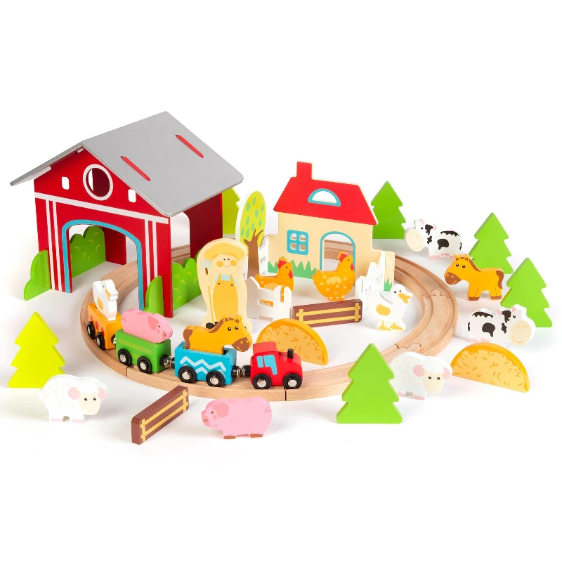 boppi Wooden Toy 48 Piece Farm Train Set with 8 Piece Circular Railway Track | Locomotive Toys and Carriages and Play Accessories | Farm Animals Barn Trees for Children Kids Aged 3 Years and Up