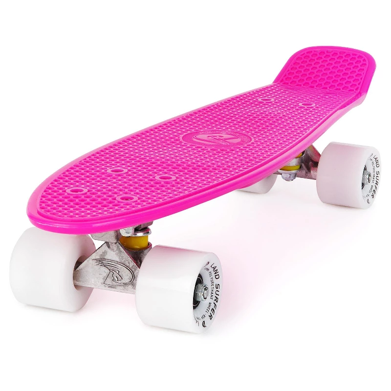 Land Surfer Cruiser Skateboard | Retro 22 Inch Skateboard for Kids & Adults | Penny Board with Carry Bag by Bopster | Pink Board + Solid White Wheels