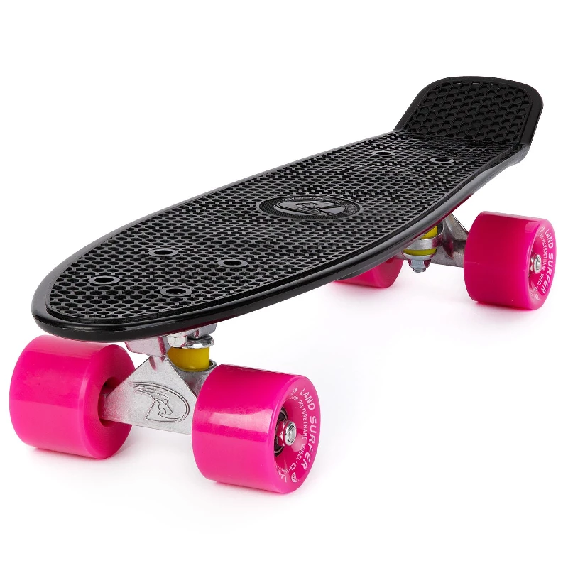 Land Surfer Cruiser Skateboard | Retro 22 Inch Skateboard for Kids & Adults | Penny Board with LED Light Wheels and Carry Bag by Bopster | Black Board + Pink Wheels