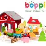 boppi Wooden Toy 48 Piece Farm Train Set with 8 Piece Circular Railway Track | Locomotive Toys and Carriages and Play Accessories | Farm Animals Barn Trees for Children Kids Aged 3 Years and Up