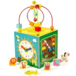 boppi 5-In-1 Large Wooden Activity Cube | 2-Way Bead Maze Roller Coaster Sensory Baby Toy with Abacus Clock Animal Shape Sorter & Slider | Multifunction Educational Toys Play Box 2 Years and Up