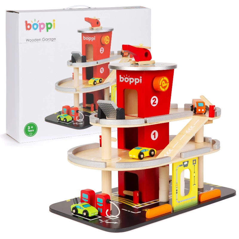 boppi Wooden Toys Garage Carpark Play Cars Vehicles Helicopter | 3 Storey Carwash Petrol Pump Lift Elevator Helipad | Wood Toy Kids Children 3 Years + Activity Parking Ramp Set Traffic Accessories