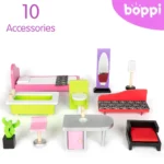 boppi Large Wooden 3 Storey Dolls Town House with 10 Furniture Play Accessories and 2 Floor Lift Elevator