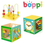 boppi 5-In-1 Large Wooden Activity Cube | 2-Way Bead Maze Roller Coaster Sensory Baby Toy with Abacus Clock Animal Shape Sorter & Slider | Multifunction Educational Toys Play Box 2 Years and Up