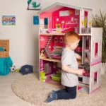 boppi Large Wooden 3 Storey Dolls Town House with 10 Furniture Play Accessories and 2 Floor Lift Elevator