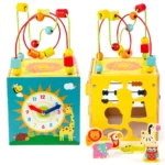 boppi 5-In-1 Large Wooden Activity Cube | 2-Way Bead Maze Roller Coaster Sensory Baby Toy with Abacus Clock Animal Shape Sorter & Slider | Multifunction Educational Toys Play Box 2 Years and Up