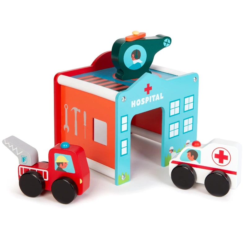 boppi Wooden Toy Emergency Rescue Centre Building Playset | Toys with Ambulance Fire Engine and Helicopter | Play Accessory Vehicles for 3 Years and Up