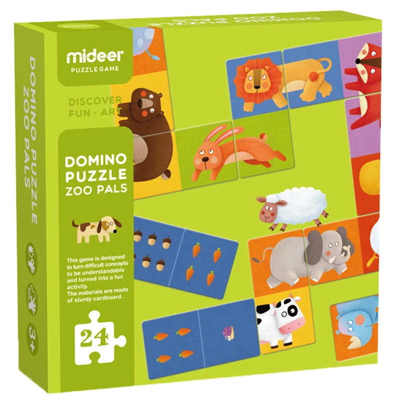 Mideer Dominoes Puzzles Game with 24 Large Extra Thick Rectangular Double-Sided Domino Tile Pieces Number and Image Match Up Deck for Kids 3 + Years – Zoo Pals