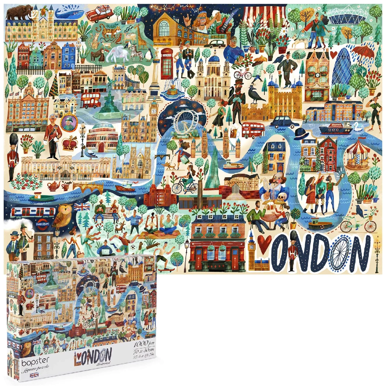 bopster 1000 Piece Jigsaw Puzzle London City Illustrated 100% Recycled Card for Adults Teens and Kids 70 x 50cm