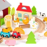 boppi Wooden Toy 48 Piece Farm Train Set with 8 Piece Circular Railway Track | Locomotive Toys and Carriages and Play Accessories | Farm Animals Barn Trees for Children Kids Aged 3 Years and Up