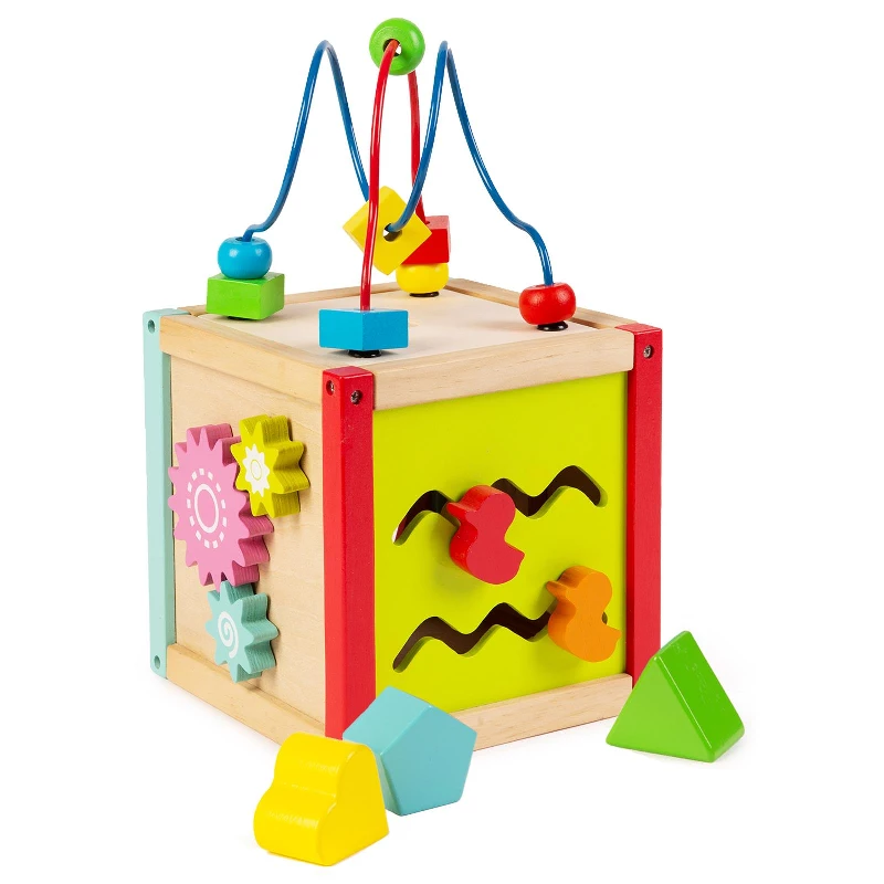 boppi 5-In-1 Small Wooden Activity Cube | 2-Way Bead Maze Roller Coaster Sensory Baby Toy with Abacus Clock Animal Shape Sorter & Slider | Multifunction Educational Toys Play Box 2 Years and Up