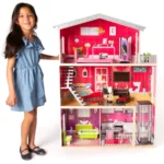 boppi Large Wooden 3 Storey Dolls Town House with 10 Furniture Play Accessories and 2 Floor Lift Elevator