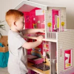 boppi Large Wooden 3 Storey Dolls Town House with 10 Furniture Play Accessories and 2 Floor Lift Elevator