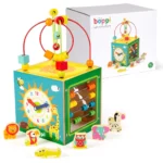 boppi 5-In-1 Large Wooden Activity Cube | 2-Way Bead Maze Roller Coaster Sensory Baby Toy with Abacus Clock Animal Shape Sorter & Slider | Multifunction Educational Toys Play Box 2 Years and Up