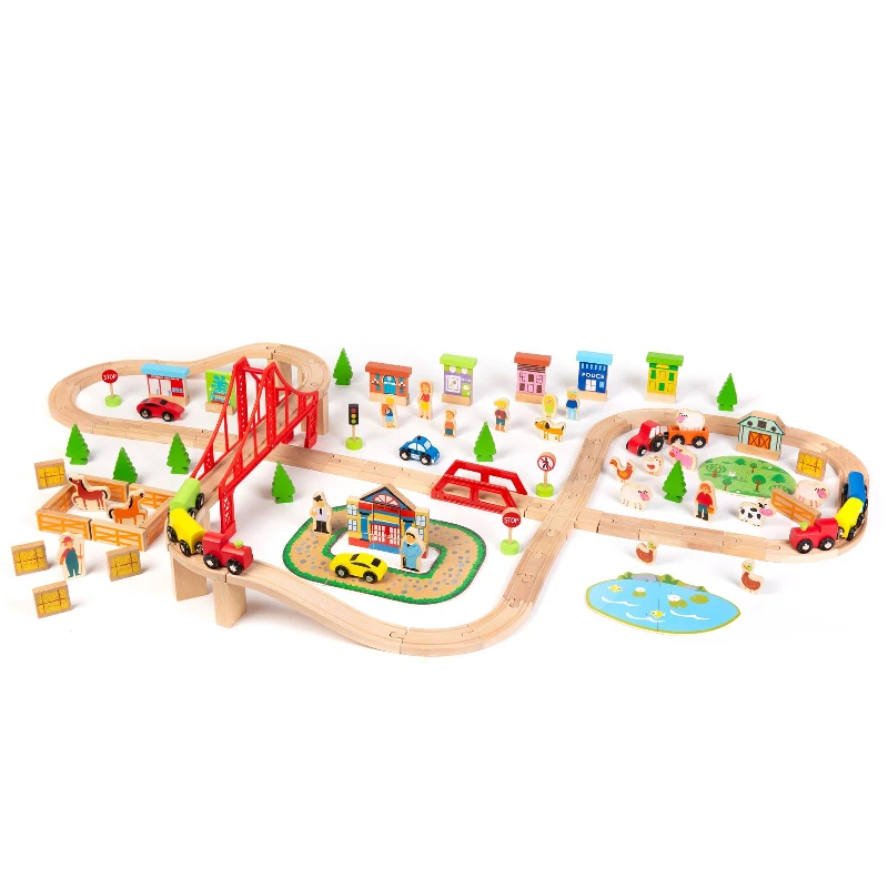 boppi Large Wooden Toy Train Set 150 Pieces with Play Accessories | Farm Animals City Cars Tractor Bridge 2 Trains with Carriages 44 Piece Railway Track | Toys for Kids Aged 3 Years Plus